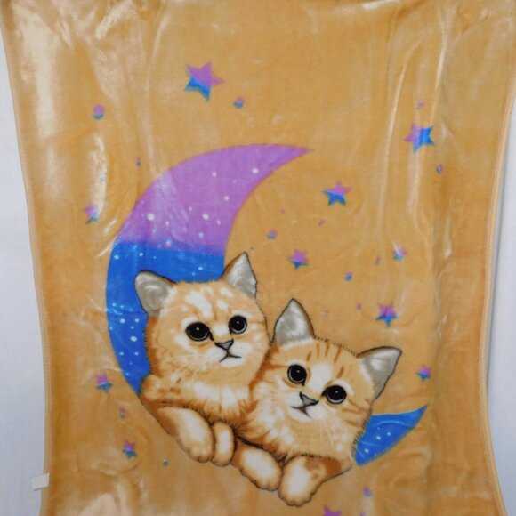VTG 2005 Tan Tabby Cat Kitten Purple blue Moon Star Plush Fleece Blanket 53 x 42 - Picture 5 of 8
